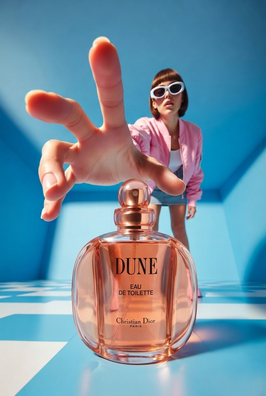 Surreal Giant Hand Reaching Perfume Genflow template preview