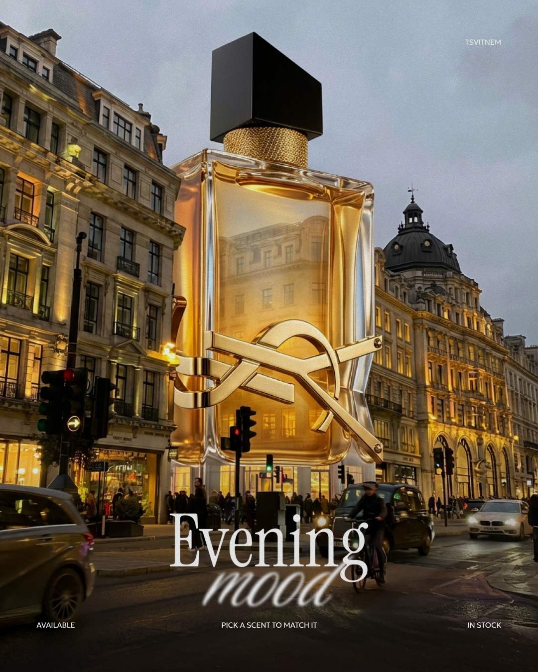 Giant Perfume Bottle Evening Cityscape Genflow テンプレートプレビュー