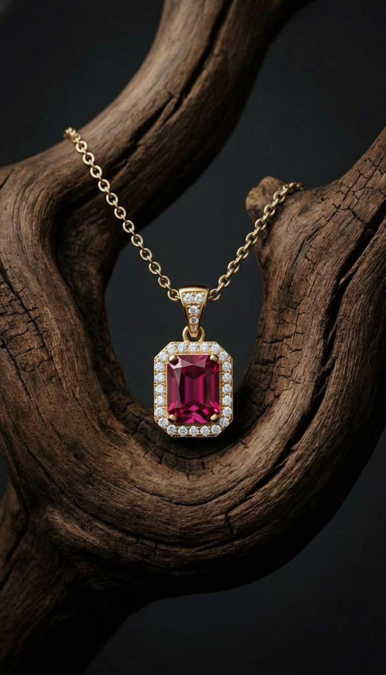 Luxury Ruby Diamond Pendant On Rustic Wood Genflow テンプレートプレビュー