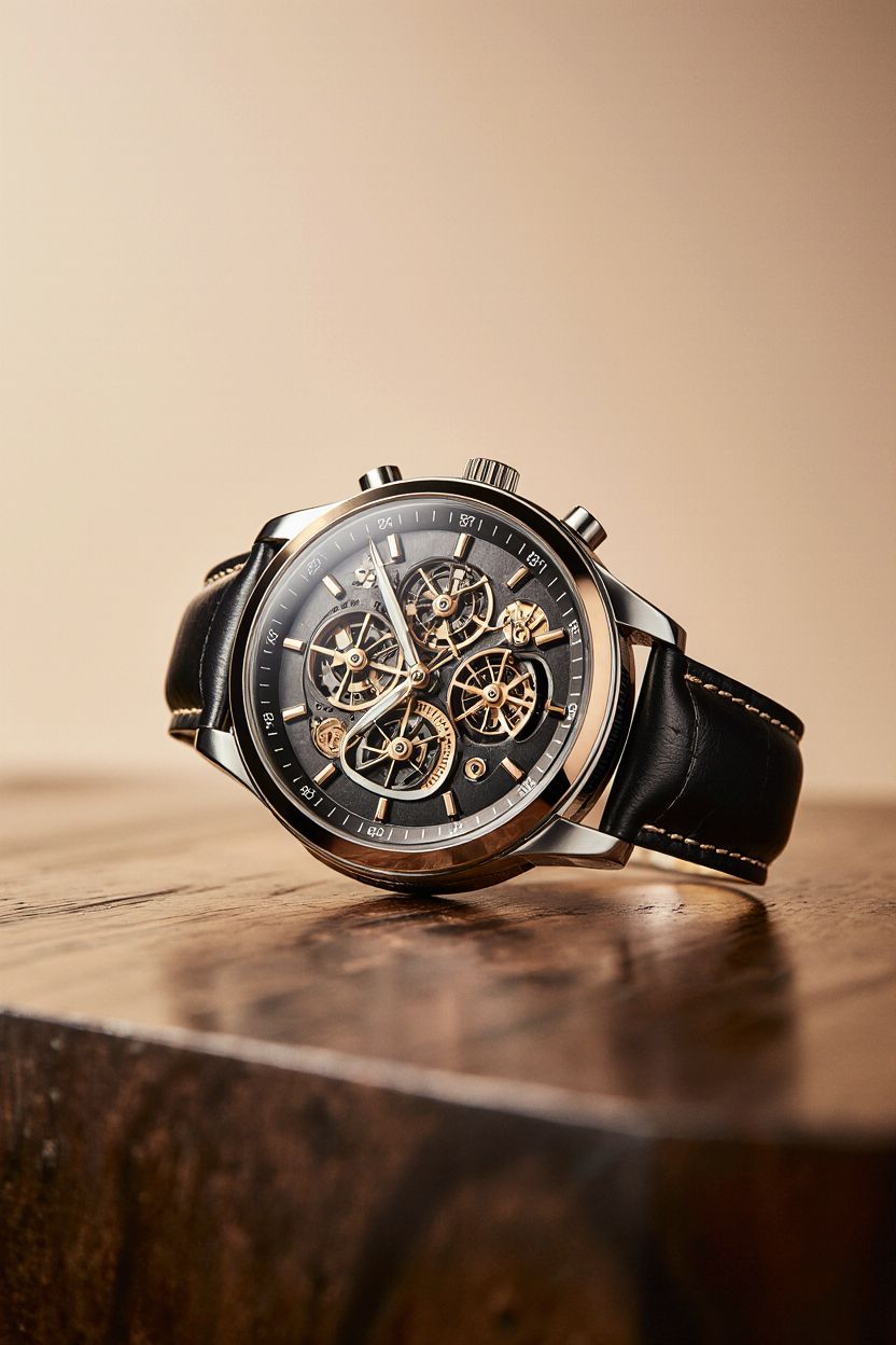 Luxury Skeleton Watch On Wooden Table Genflow template preview