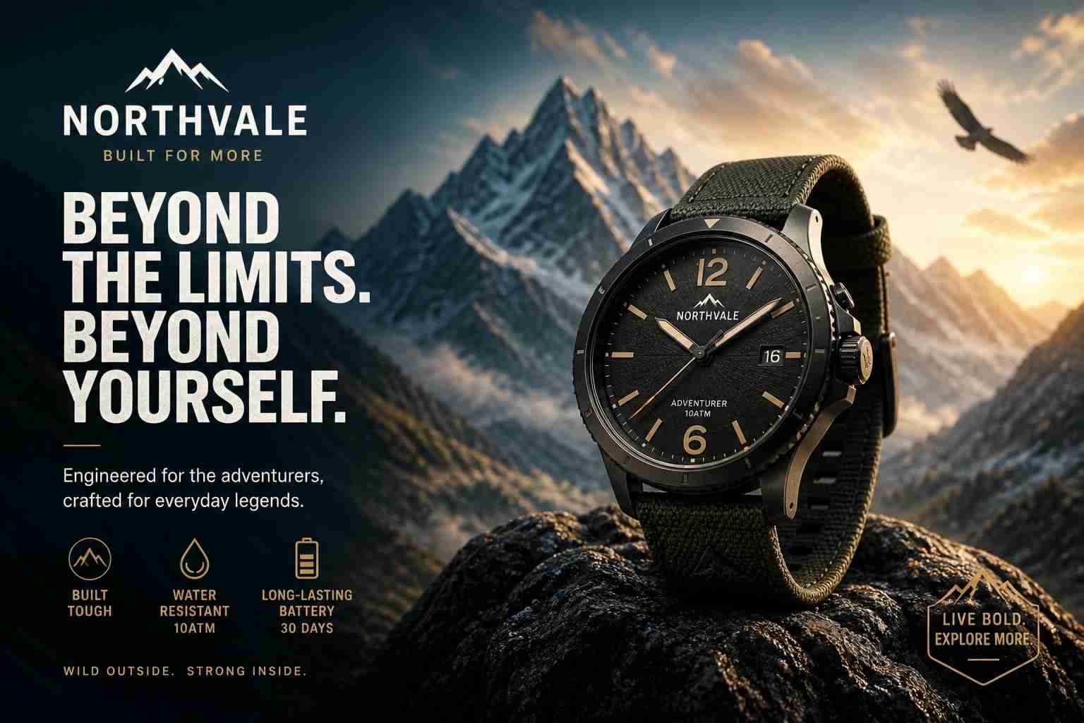 Rugged Adventure Watch Mountain Scene Genflow template preview