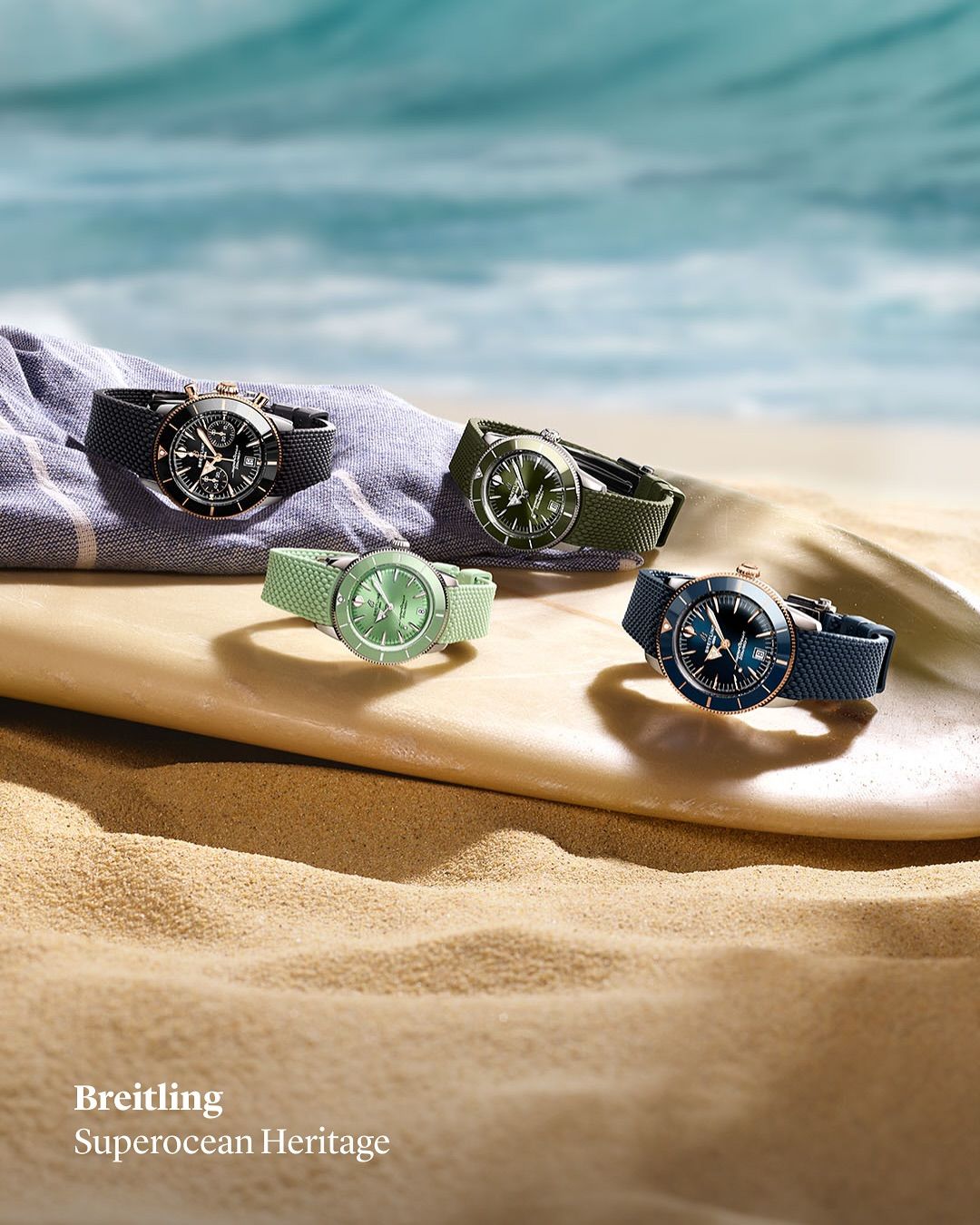 Luxury Dive Watches On Surfboard Beach Genflow template preview