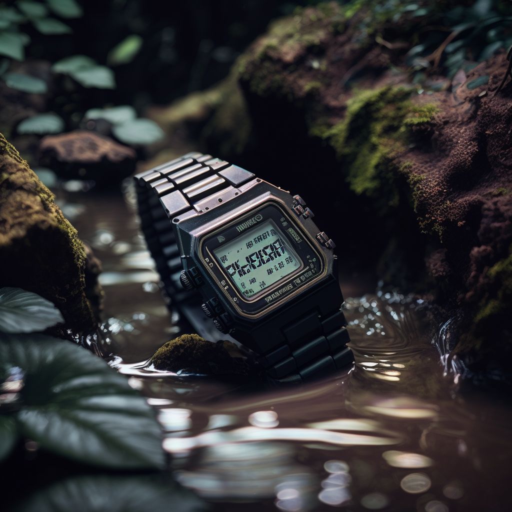 Rugged Digital Watch In Forest Stream Genflow template preview