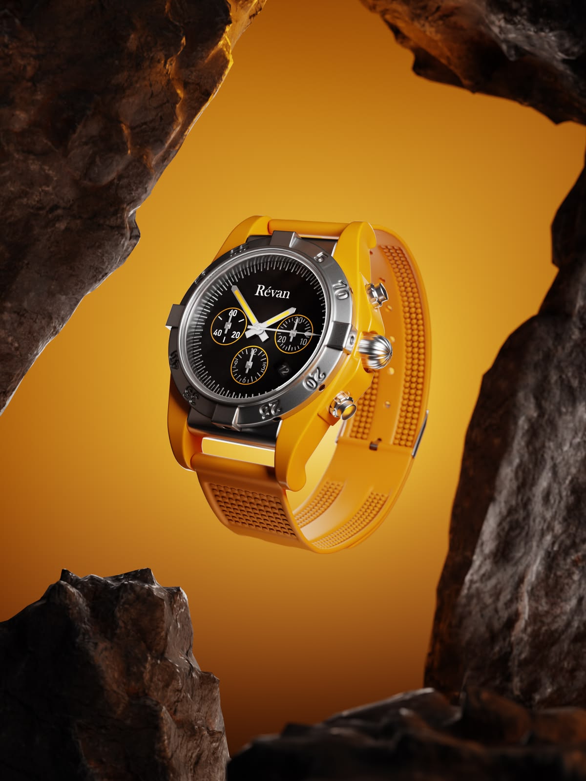 Floating Orange Sport Watch Between Rocks Genflow template preview