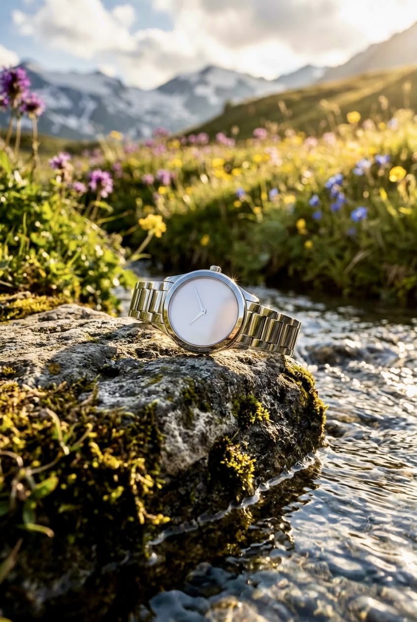 Luxury Watch In Alpine Wildflower Stream Genflow template preview