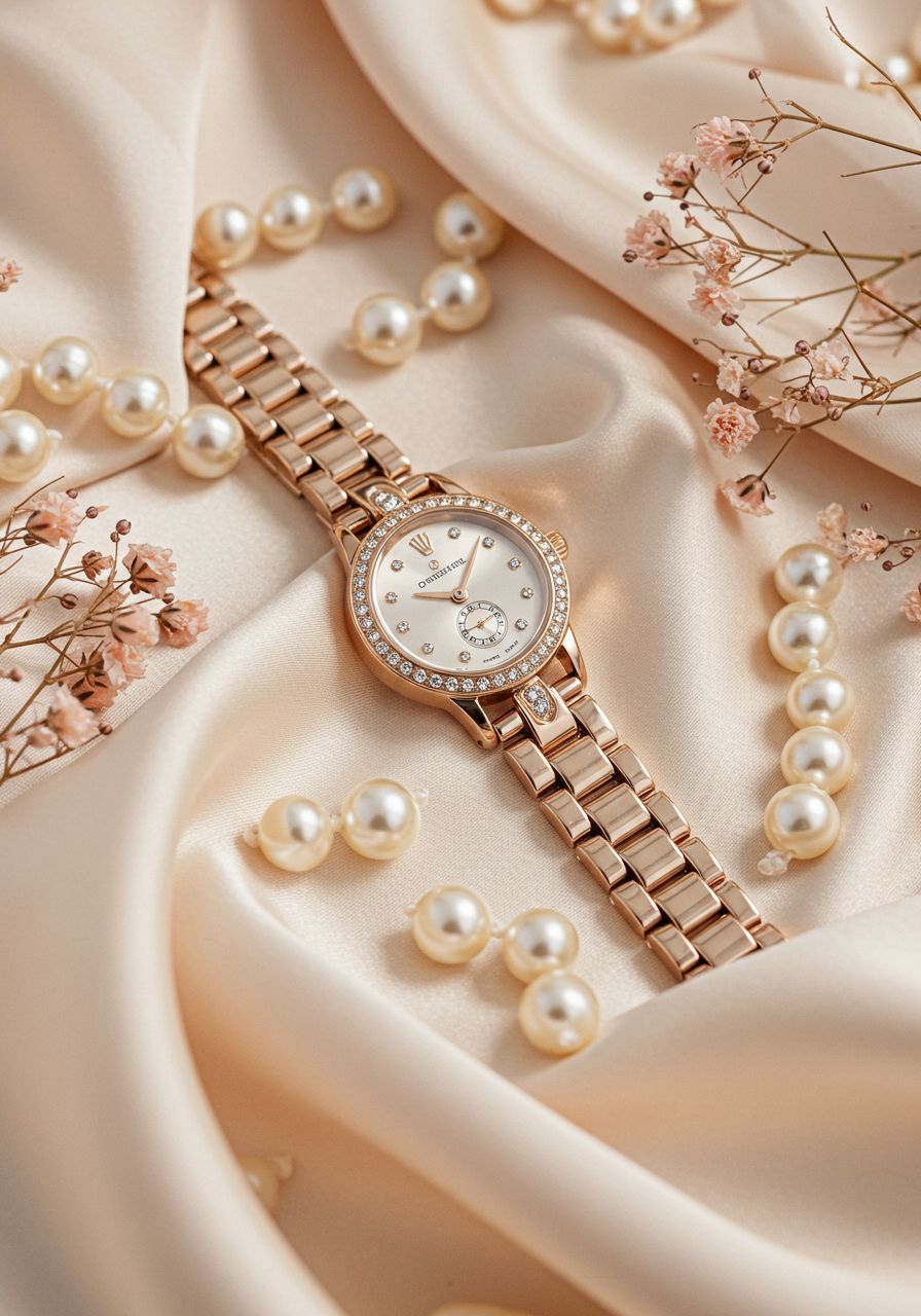 Elegant Rose Gold Watch Pearl Flatlay Genflow template preview
