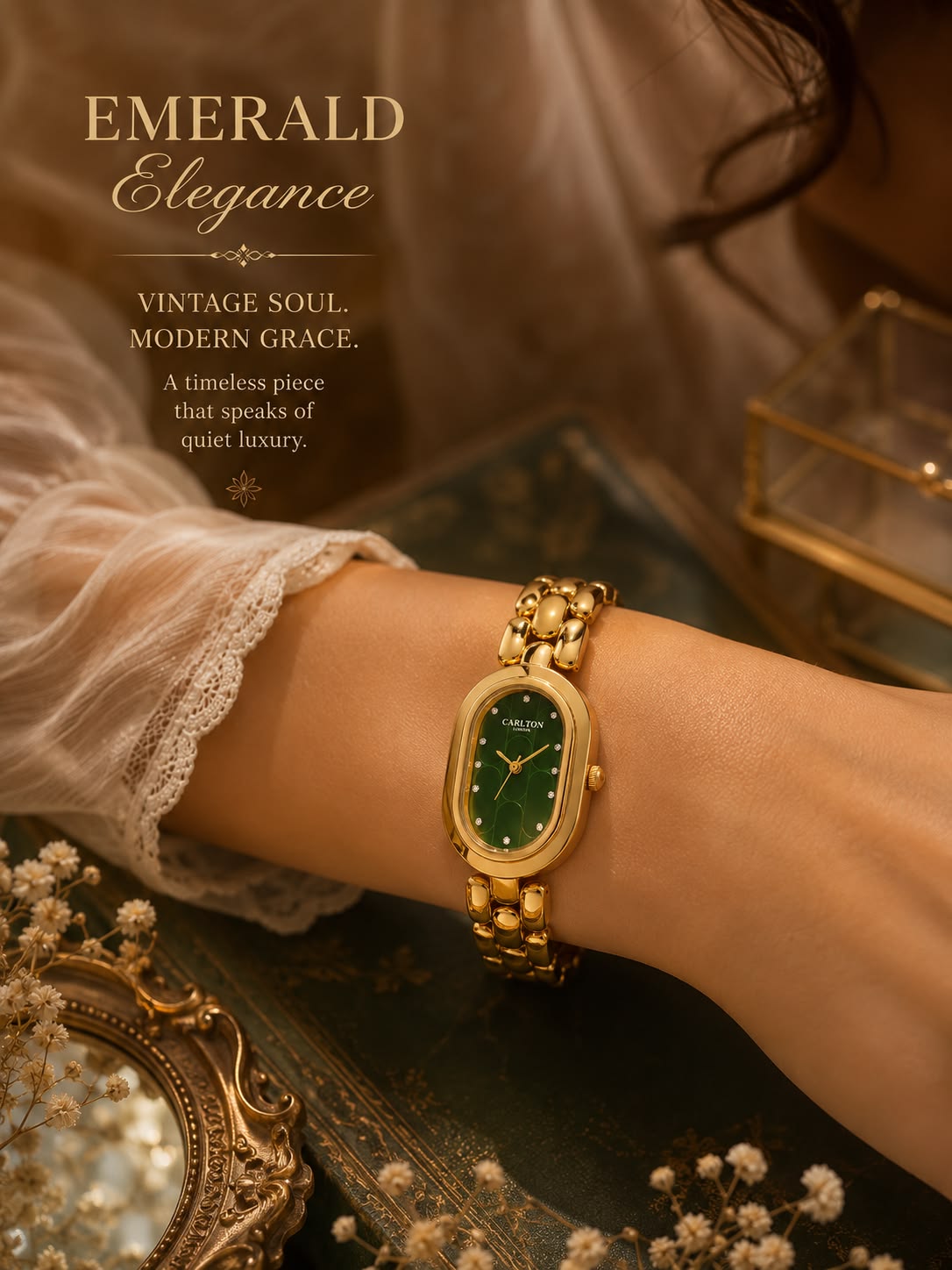 Vintage Emerald Dial Luxury Watch Scene Genflow template preview
