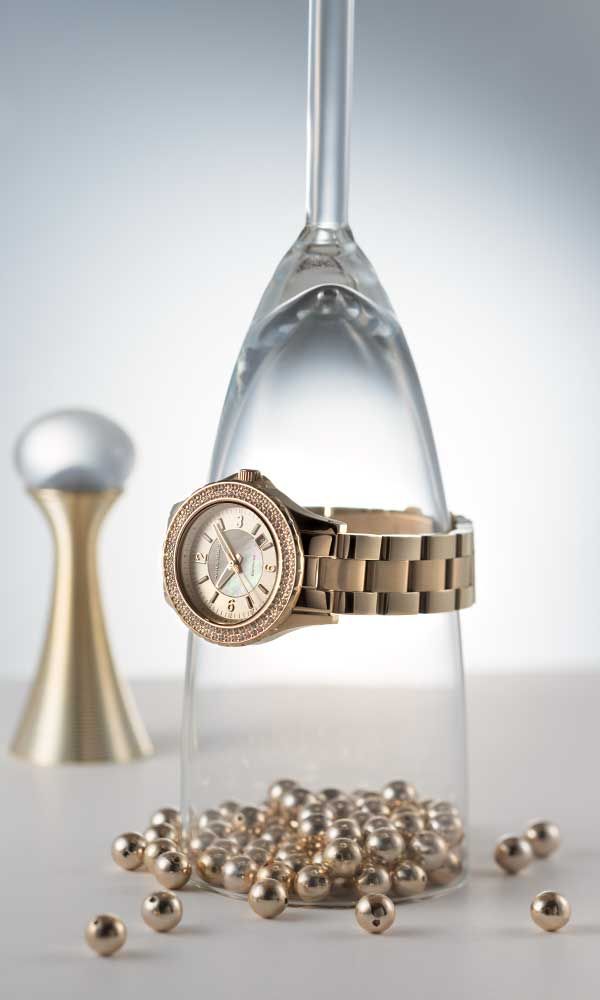 Elegant Gold Watch Bottle Still Life Genflow template preview
