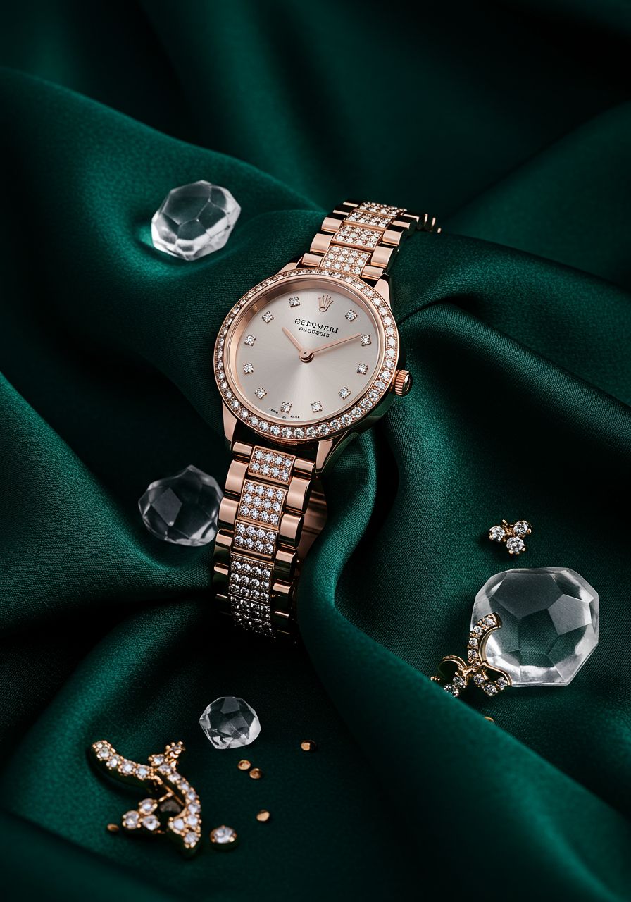 Luxury Diamond Watch On Emerald Silk Genflow template preview