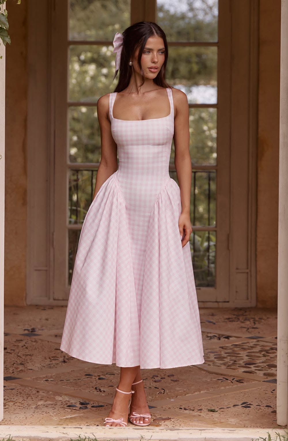 Pink Gingham Dress Sunlit Garden Editorial Genflow template preview