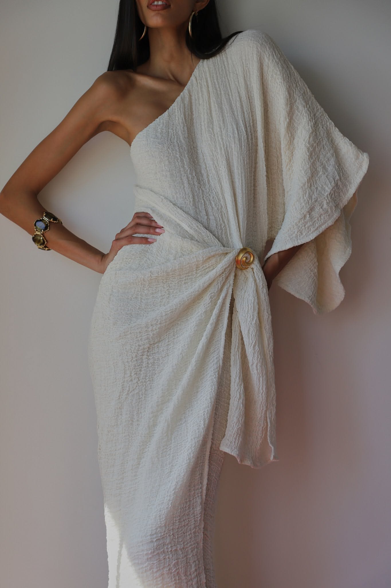 Elegant One Shoulder White Dress Editorial Genflow template preview