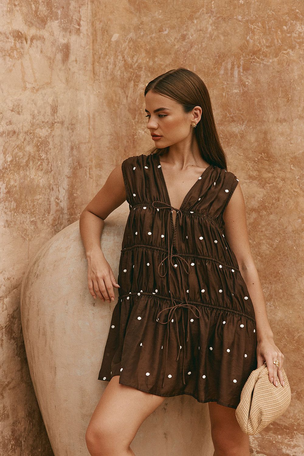 Boho Summer Dress Against Terracotta Wall Genflow template preview