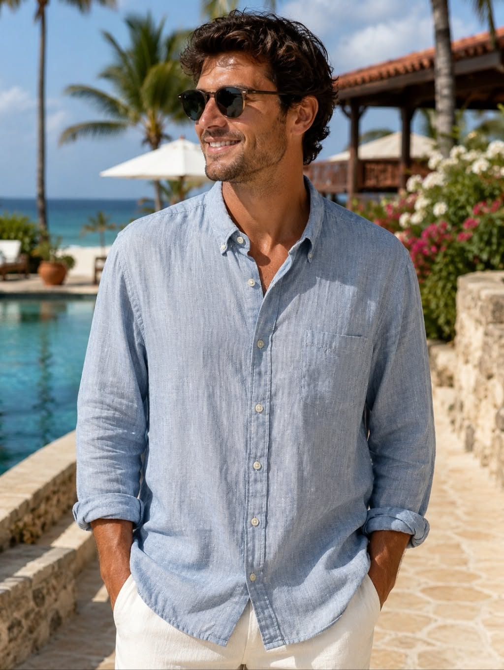 Tropical Resort Linen Shirt Lifestyle Genflow テンプレートプレビュー