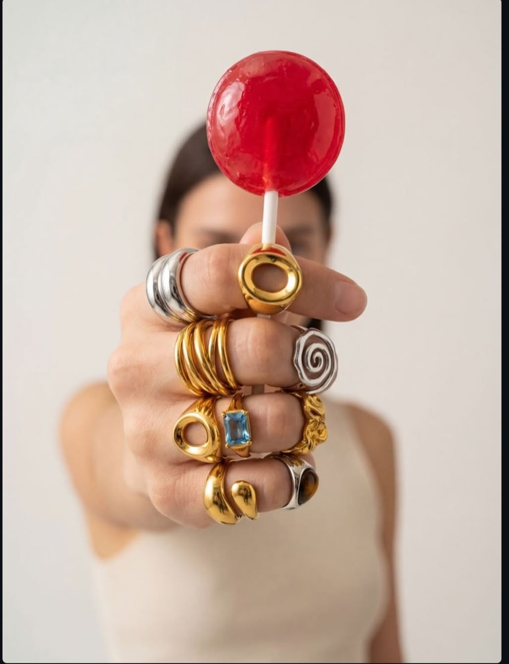 Maximalist Rings Hand With Red Lollipop Genflow template preview