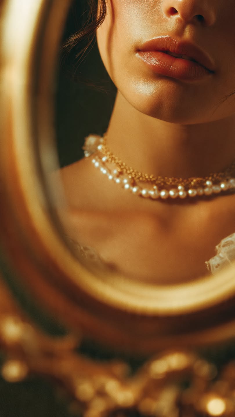 Golden Glam Pearl Necklace Closeup Genflow template preview