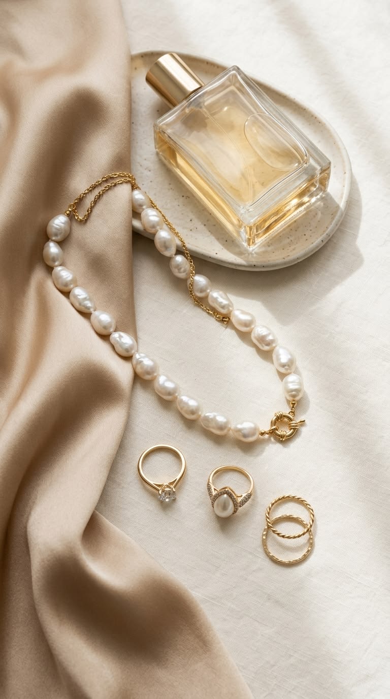 Elegant Perfume And Pearl Jewelry Flat Lay Genflow template preview