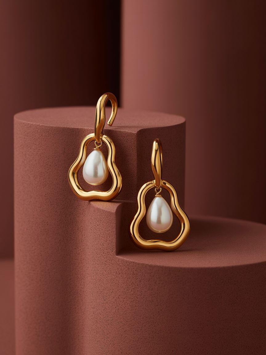 Luxury Gold Pearl Earrings On Terracotta Pedestal Genflow template preview