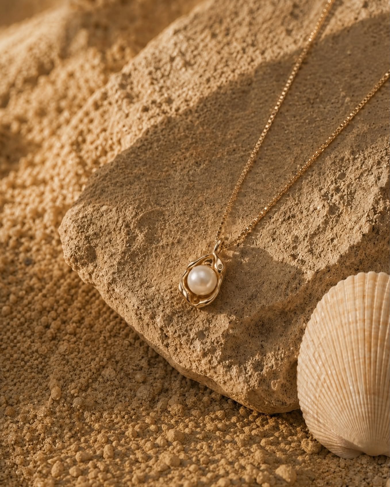 Golden Pearl Necklace On Beach Sand Genflow template preview
