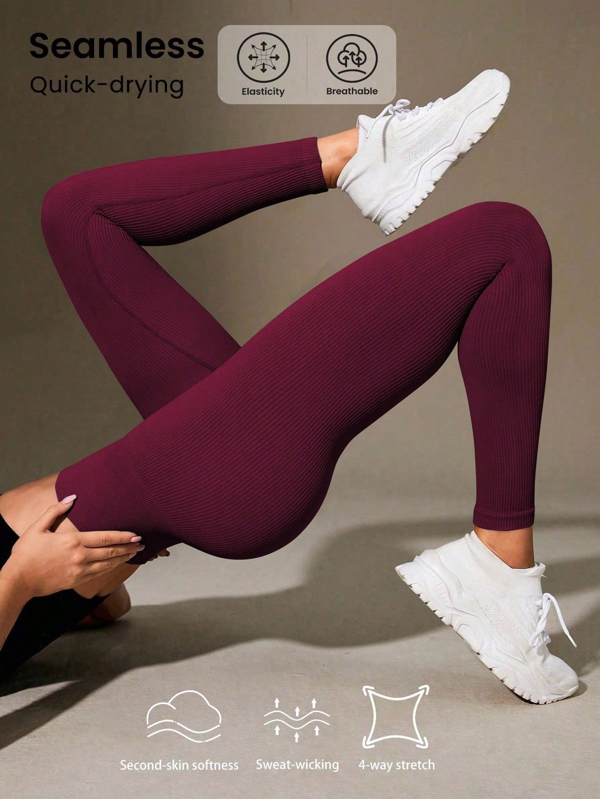 A Woman In Purple Leggings And White Sneakers Is Creative Design Generator Genflow 模板預覽