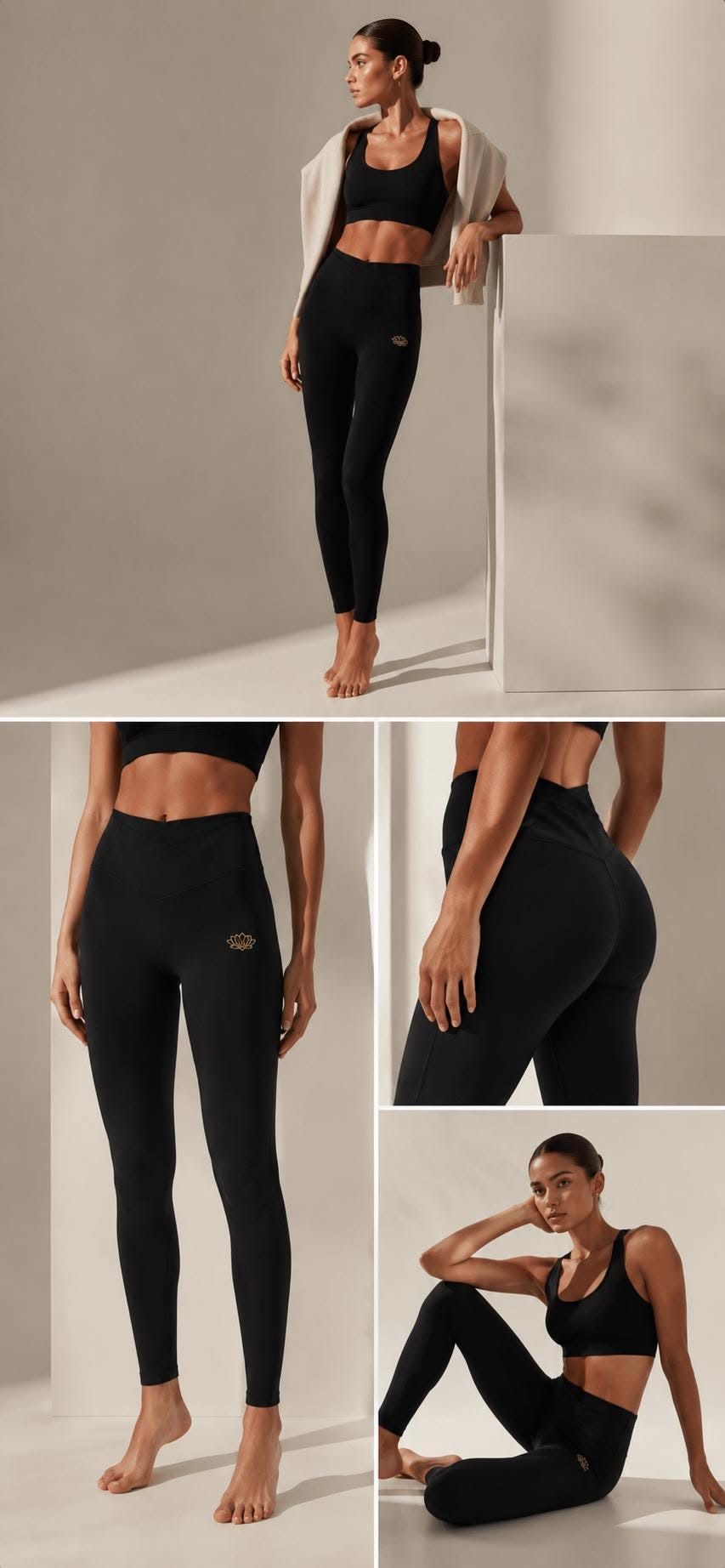 Gold Lotus Flower Logo Leggings | Black High-Waist Creative Design Generator Genflow テンプレートプレビュー