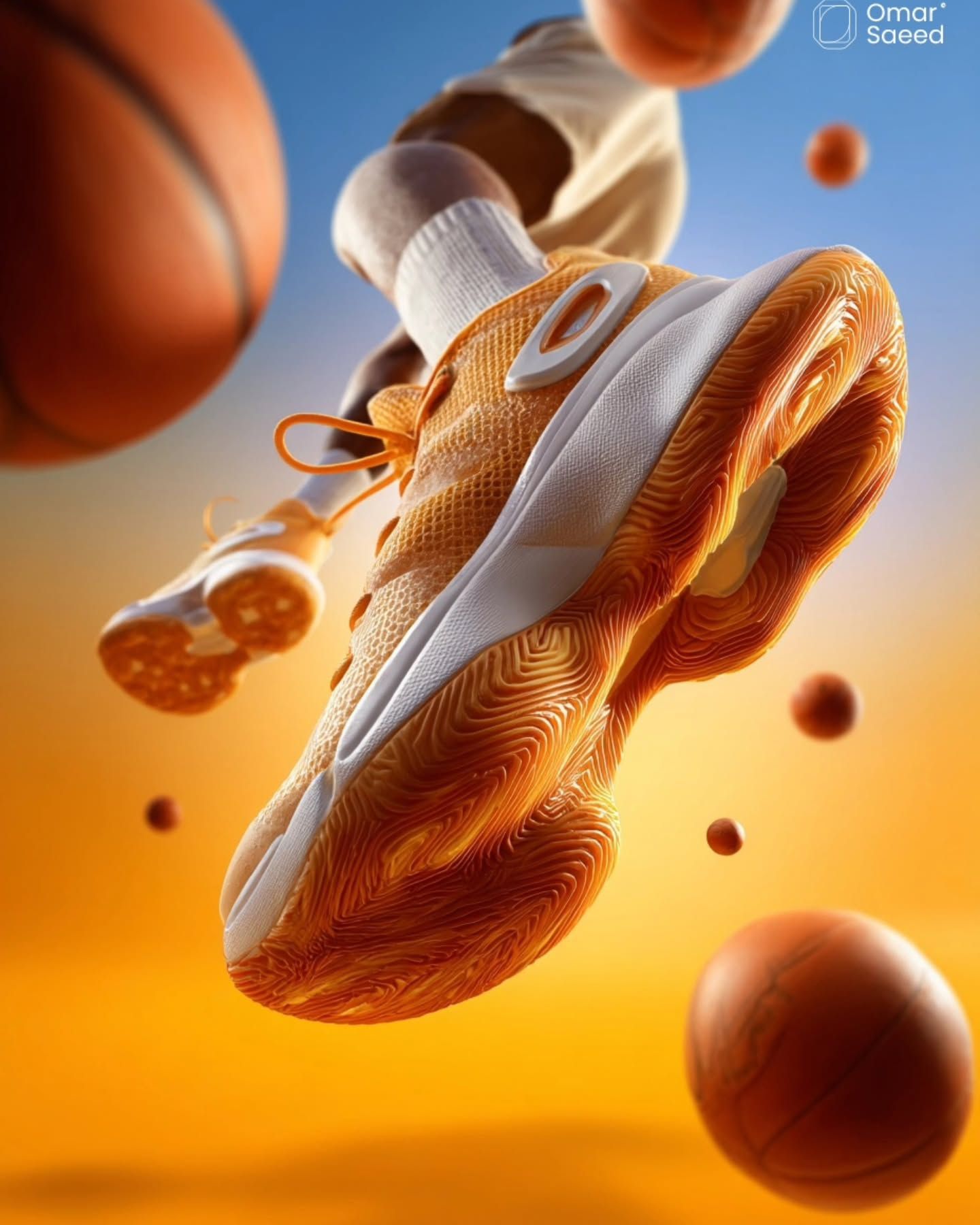 An Orange And White Shoe Flying Through The Air With Creative Design Generator Genflow template preview