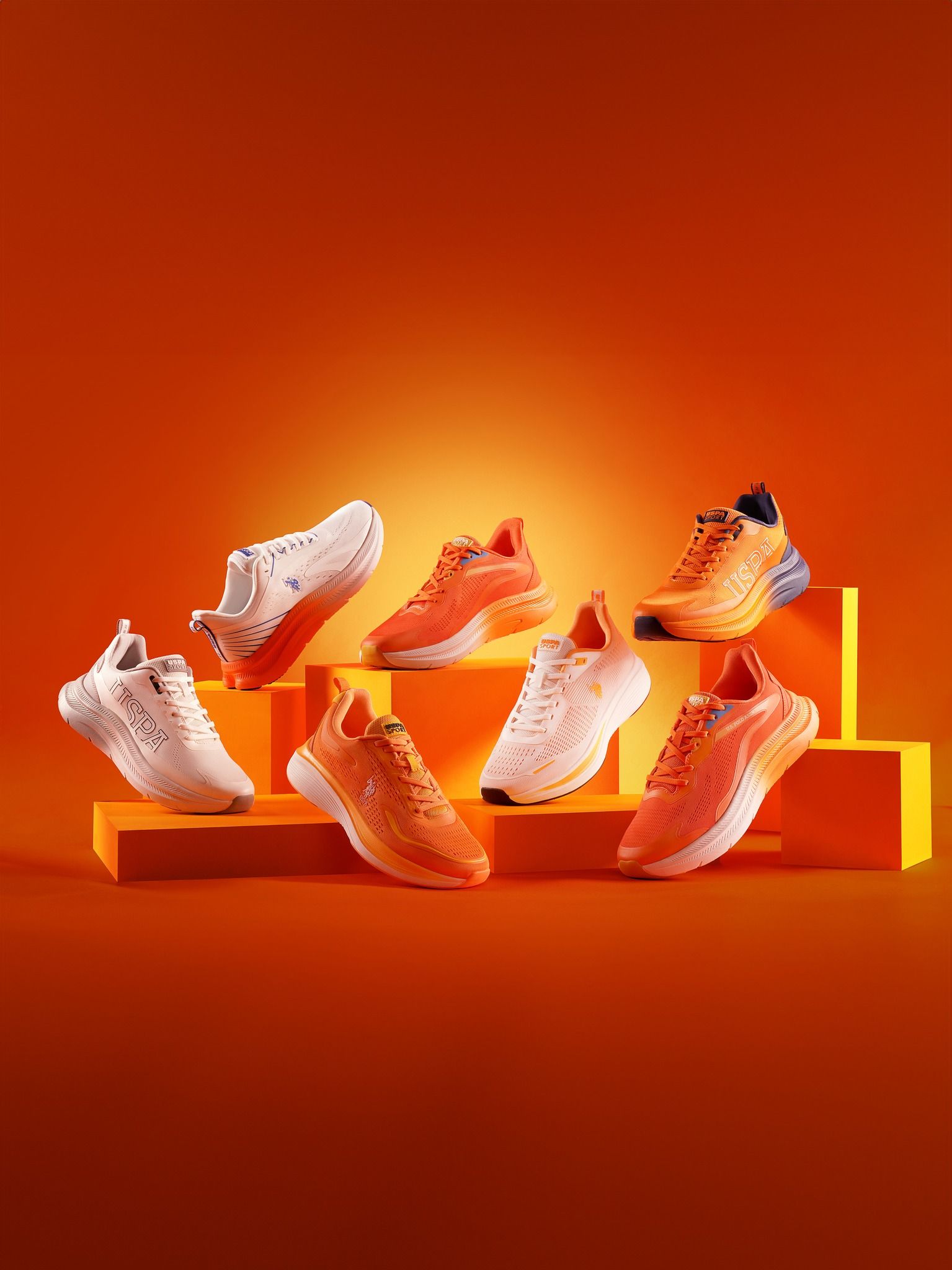 Five Pairs Of Shoes Are Displayed On An Orange Stand Creative Design Generator Genflow template preview