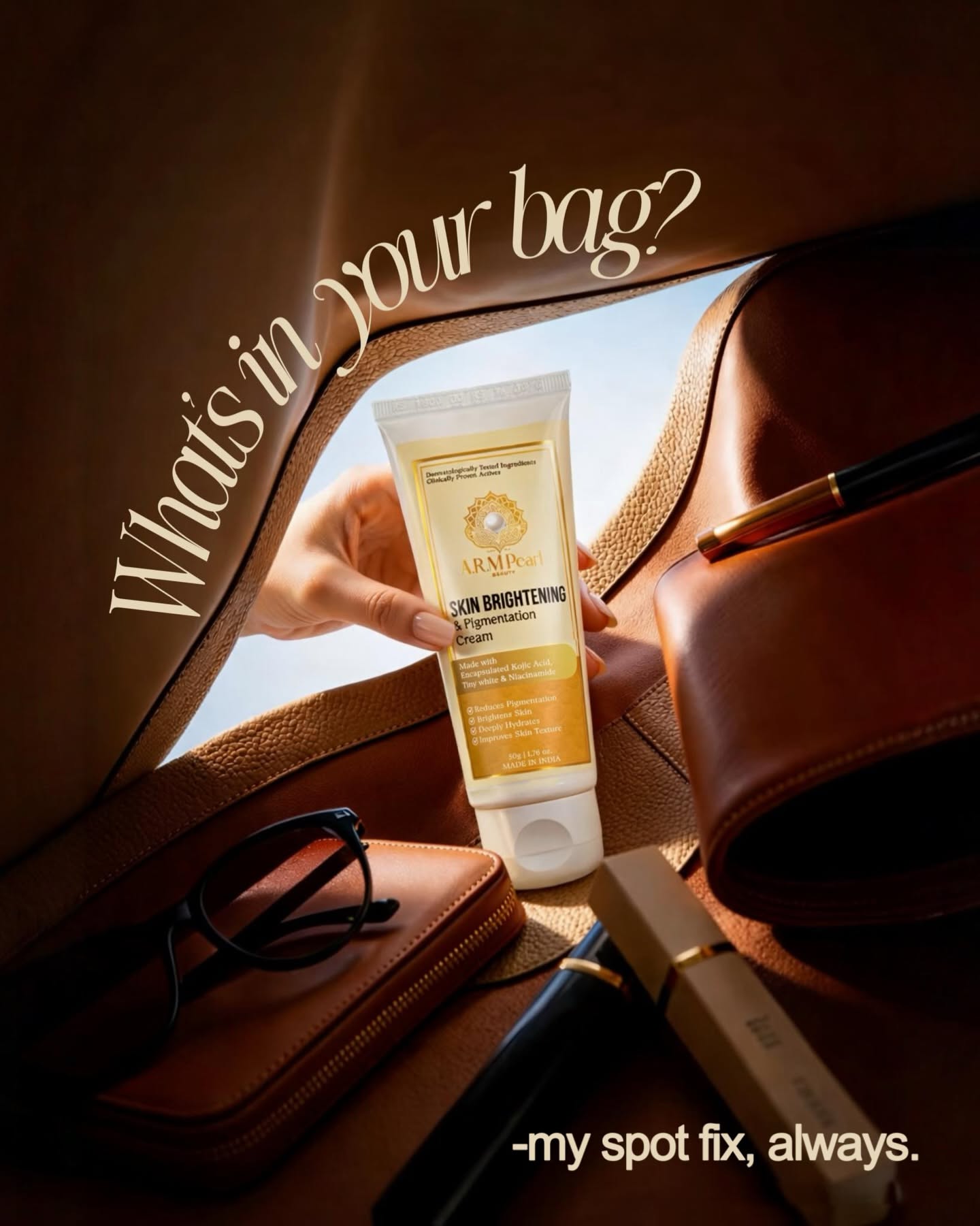 This May Contain: The Contents Of A Travel Bag Including A Tube Of Sunscreen, Eyeglasses A Creative Design Generator Genflow テンプレートプレビュー
