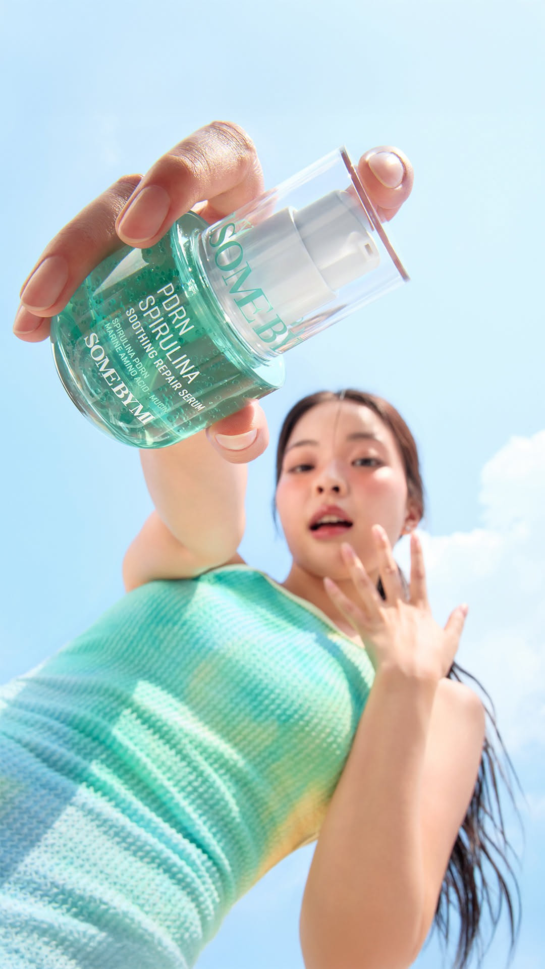 This May Contain: A Woman Is Holding A Bottle And Touching Her Face With Both Hands While Creative Design Generator Genflow template preview