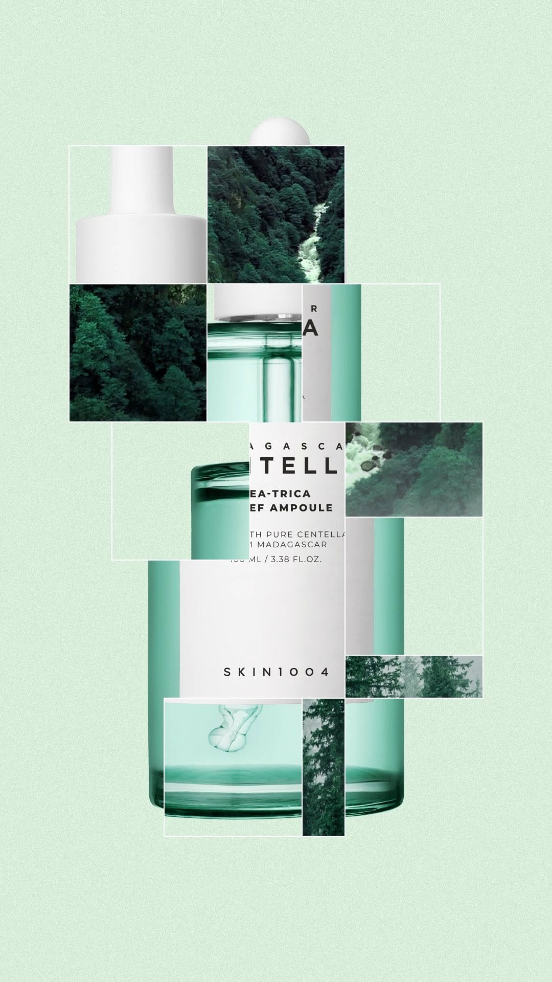This May Contain: A Bottle Of Skin Care Product On A Green Background With Trees And Mount Creative Design Generator Genflow template preview