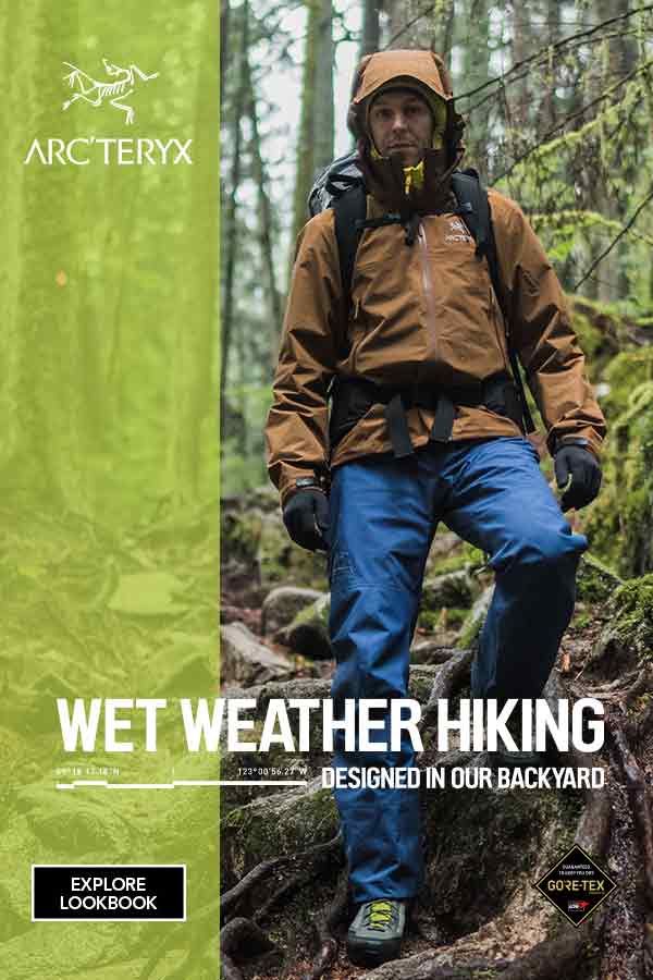 A Man Walking In The Woods Wearing An Arcterx Jacket And Hiking Boots With Text Reading We Creative Design Generator Genflow template preview