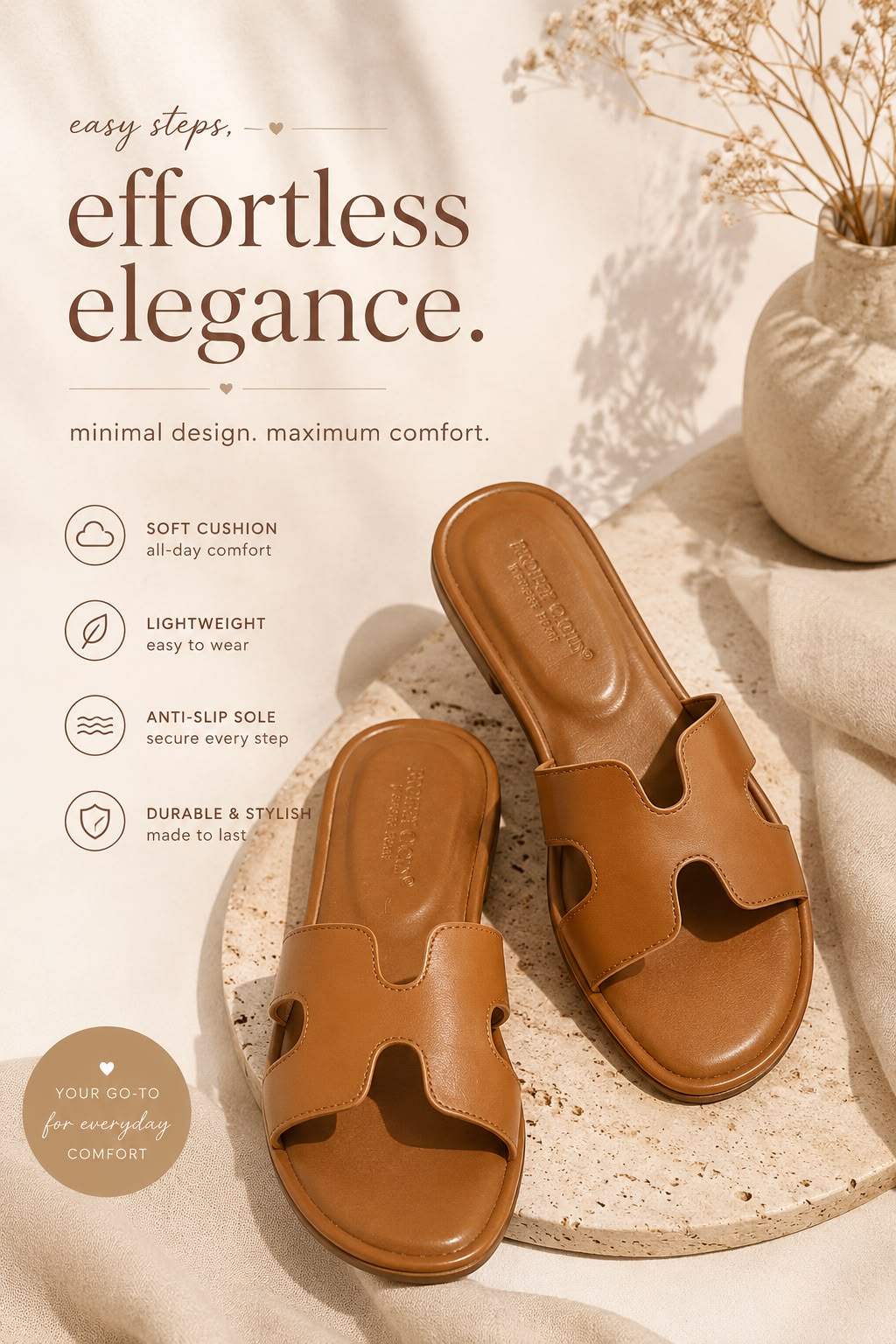 Aesthetic Pinterest Advertisement Featuring Elegant Brown Leather Slide Sandals on a Creative Design Generator Genflow template preview